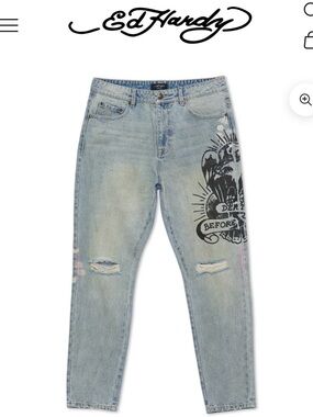 Ed Hardy Light Vintage Blue Denim Slim Tapered Distressed Jeans